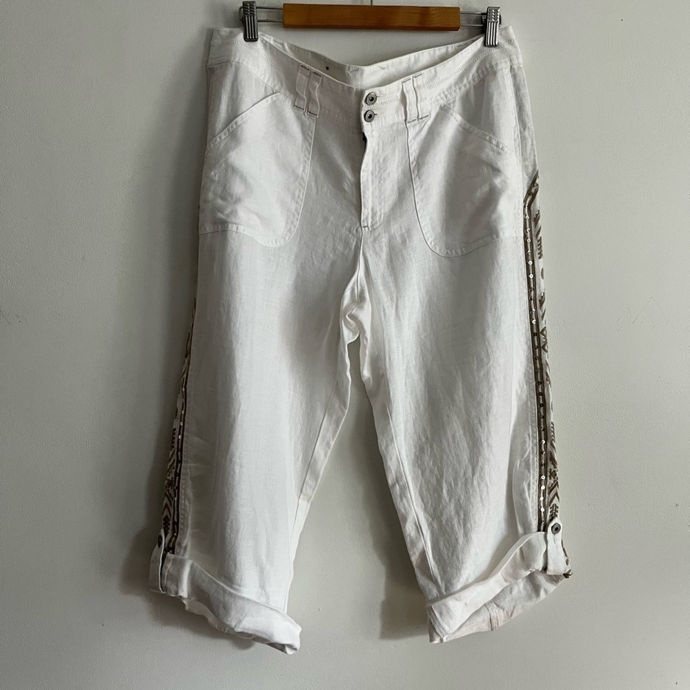 INC International Concepts White Linen Aztec Sequin Boho Capri